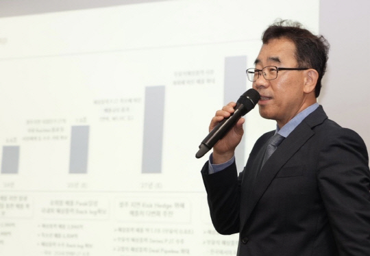 이승철 SK오션플랜트 대표이사가 16일 서울 여의도 미래에셋증권에서 'SK오션플랜트 CEO Analyst Communication Day(기업설명회)'에서 사업계획에 대해 설명하고 있다. SK오션플랜트 제공